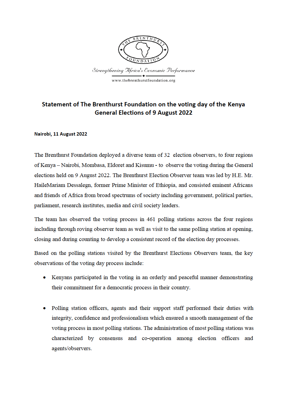 Statement of The Brenthurst Foundation on the Voting Day of the Kenya General Elections of 9 August 2022